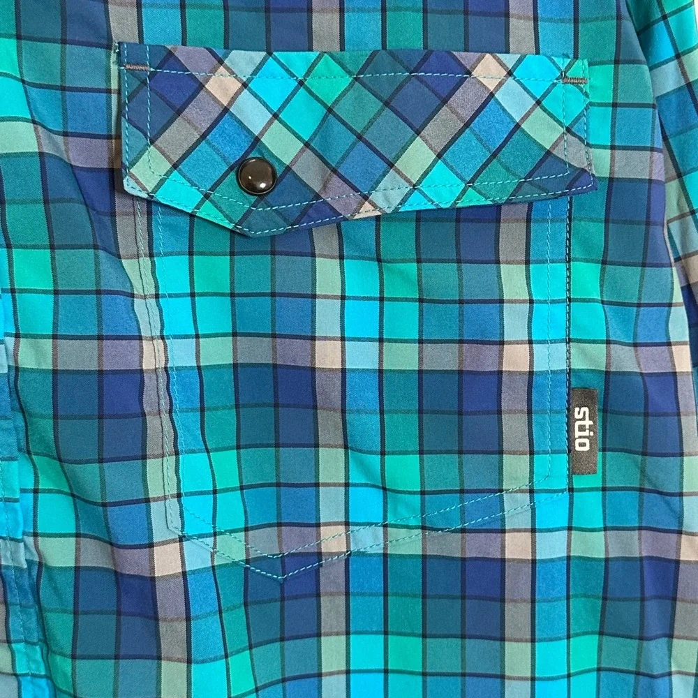 Stio Snap Front Long Sleeve Casual‎ Shirt Size XXL Blue Windowpane Plaid Outdoor